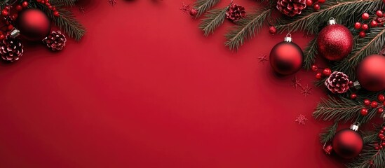 Poster - Red Christmas background with ornaments and pine branches featuring ample copy space for text placement.