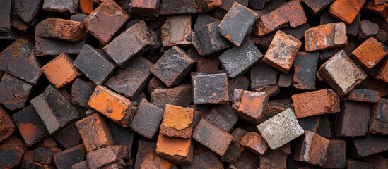 Poster - Diverse assortment of weathered bricks in various shades of red and brown arranged closely together with Copy Space for text placement