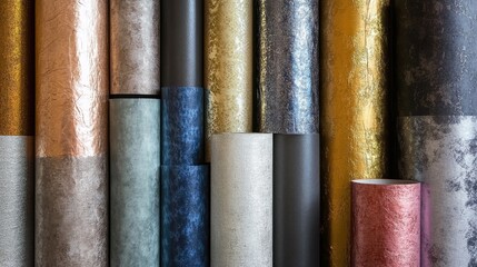 Poster - Colorful textured wallpaper rolls arranged vertically in a display with various materials and finishes Copy Space