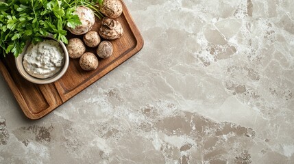 Poster - Fresh ingredients including mushrooms and herbs on a wooden tray with sauce on a marble countertop Copy Space
