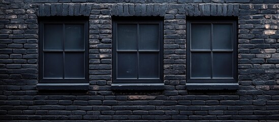 Poster - Black brick wall with three dark windows and textured surface, suitable for backgrounds with Copy Space.