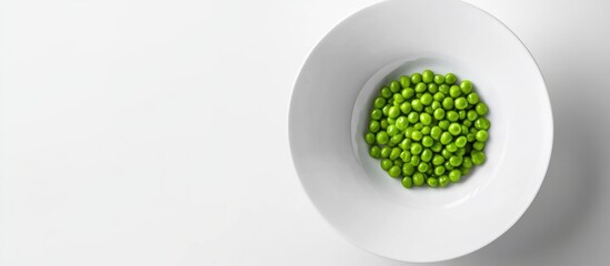 Poster - Fresh green peas in a white bowl on a light background with Copy Space for text placement