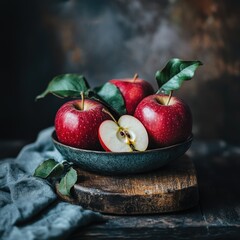 Poster - Red apples in a bowl with one sliced apple on a wooden board surrounded by leaves and a gray cloth, Copy Space available.