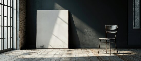 Poster - Empty room with a single chair and blank white canvas against dark wall, natural light casting shadows on wooden floor, Copy Space