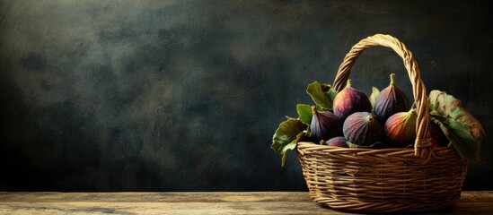 Poster - Basket filled with fresh figs and leaves on wooden table against dark textured background with ample Copy Space