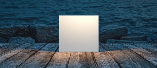 Poster - Blank square frame on wooden deck by water at dusk with soft light and copy space for design or advertising purposes