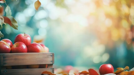 Poster - Freshly harvested red apples in a wooden crate surrounded by autumn leaves with soft natural lighting and Copy Space for text.
