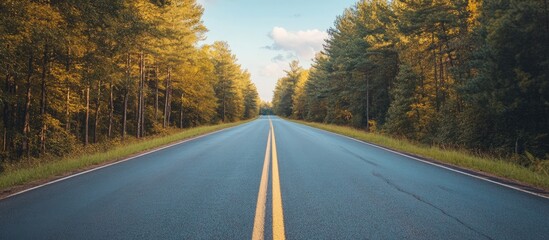 Poster - Panoramic view of empty paved road lined with trees during daytime with blue sky and clouds Copy Space