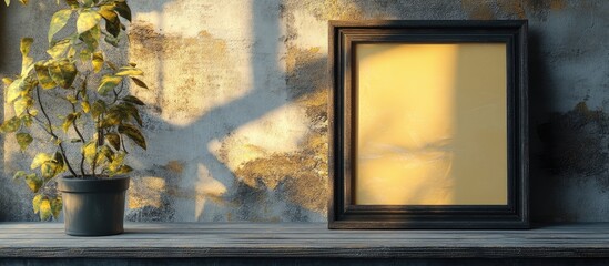 Poster - Empty black picture frame on a rustic wooden shelf beside a potted plant with autumn leaves against a textured wall Copy Space