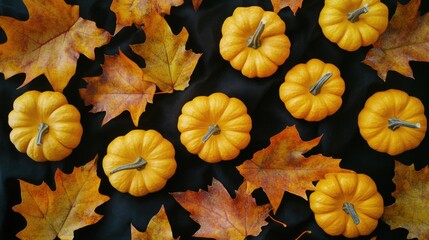 Poster - Pumpkins and Autumn Leaves Arrangement on Black Background with Copy Space for Text