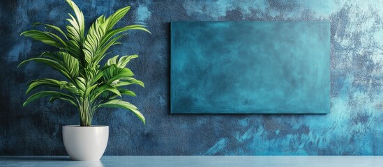 Poster - Indoor Plant with Decorative Pot and Empty Canvas on Textured Blue Wall Copy Space
