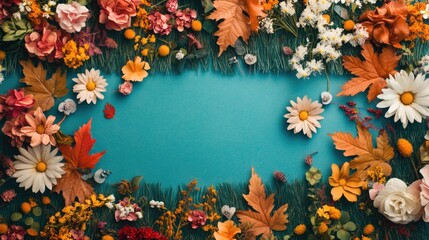 Poster - Colorful floral arrangement with autumn leaves on vibrant blue background with Copy Space for text.