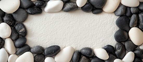 Poster - Smooth white sand framed by a border of black and white pebbles with ample copy space for text placement