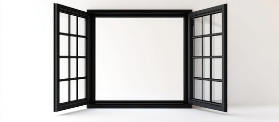 Poster - Modern black window frame with open shutters on a white background providing ample copy space for text placement
