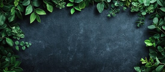 Poster - Greenery frame with various leaves on dark stone background with Copy Space for text or design elements