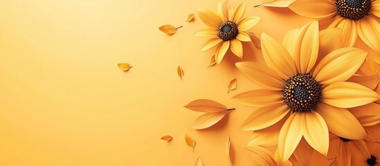 Poster - Sunflowers on an orange gradient background with petals and butterflies Copy Space