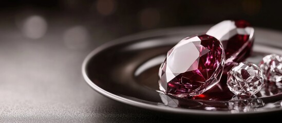 Poster - Red and clear crystal gemstones on a black plate with copy space for text