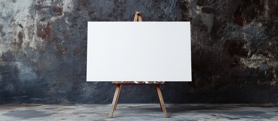 Poster - Blank canvas on an easel against a textured, painted wall with subtle color variations and Copy Space for text insertion.