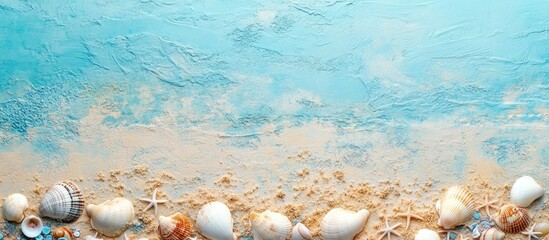 Poster - Seashells on sandy beach near calm blue water with natural light and copy space for text.