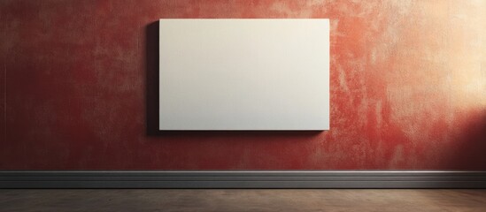 Poster - Blank white canvas mounted on a textured red wall with wooden baseboard and ample copy space for text placement