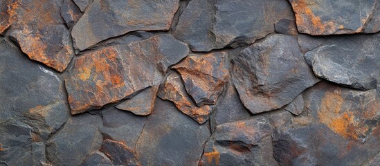 Poster - Textured slate stone wall background with earthy tones and natural patterns providing ample copy space.