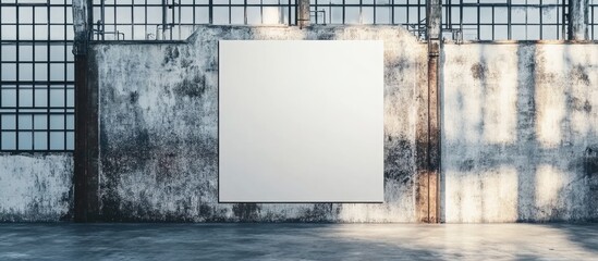 Poster - Blank white canvas on a textured wall in an industrial space with large windows and ample Copy Space for text or design.