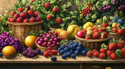 Poster - Baskets filled with assorted fresh fruits including grapes, berries, oranges, and apples on a textured wooden table with greenery in the background Copy Space