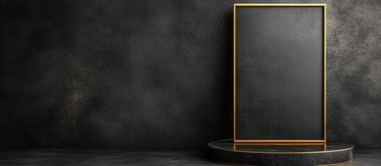 Poster - Empty rectangular black chalkboard framed in gold displayed on a dark textured background with circular base and ample copy space