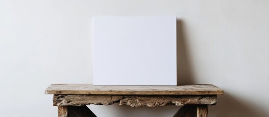 Poster - Blank canvas on rustic wooden table against minimalistic wall Copy Space