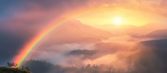 Poster - Colorful rainbow over misty mountains during sunset with warm light and soft clouds Copy Space