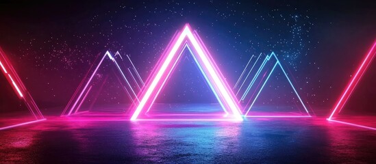 Poster - Neon geometric shapes with glowing triangular patterns in a dark space illuminated by colorful lights Copy Space
