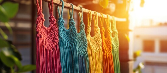 Poster - Colorful macrame wall hangings displayed in sunlight with warm tones and Copy Space for text inclusion.