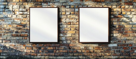 Poster - Empty picture frames on a rustic brick wall with natural lighting and copy space for text placement