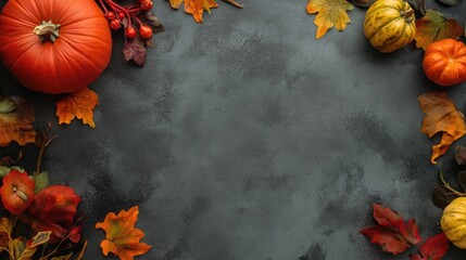 Poster - Autumn seasonal background with pumpkins, colorful autumn leaves, and berries on dark textured surface with Copy Space.
