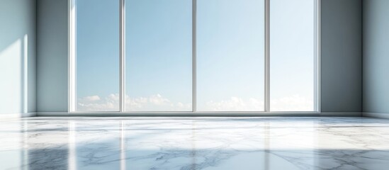 Poster - Empty room interior with large windows allowing natural light, marble floor reflecting surroundings, clear sky visible in the background, Copy Space