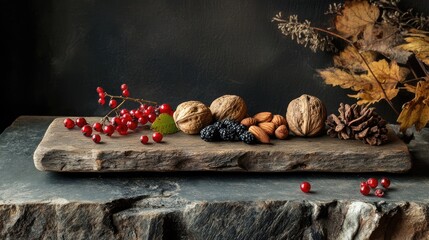 Poster - Assorted nuts and berries on a rustic wooden board with autumn leaves and pine cones on a dark background Copy Space