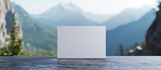 Poster - blank white business card mockup on a natural stone surface with mountain landscape background and c