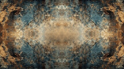 Poster - Abstract textured background with earthy tones of brown, blue, and gold featuring symmetrical patterns and copy space for text