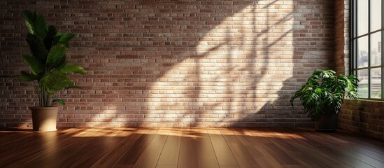Poster - Interior of a modern room with exposed brick walls, wooden flooring, large window casting shadows, and indoor plants, Copy Space