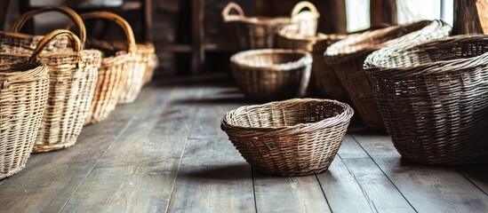 Poster - woven wicker baskets arranged on wooden floor in rustic interior with natural lighting and copy spac