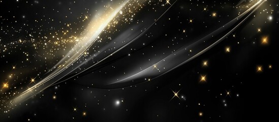 Poster - Abstract cosmic background with swirling light trails and scattered stars in a dark space atmosphere, suitable for various designs, Copy Space.