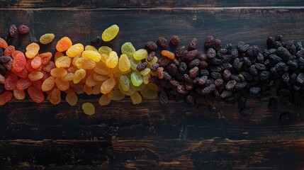 Poster - Colorful assortment of dried fruits arranged in a gradient on rustic wooden background with Copy Space