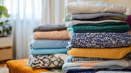 Poster - Neatly folded colorful blankets stacked on a sofa with natural light coming through the window Copy Space
