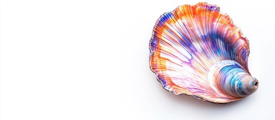 Poster - Colorful seashell on white background with Copy Space for text placement. Bright hues of orange, blue, and purple highlight shell's texture.