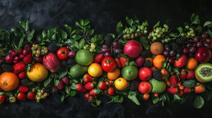 Poster - Colorful assortment of fresh fruits including apples, berries, citrus, and grapes on a dark background with Copy Space for text placement.