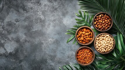Poster - Bowl arrangement of various nuts and seeds on a textured gray background with tropical green leaves and copy space
