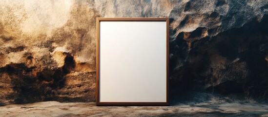 Poster - Wooden frame with blank canvas against a textured rock wall background Copy Space