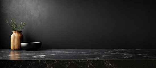 Poster - Dark textured background with black marble countertop and minimalist vase, plant, and bowl, featuring ample Copy Space.