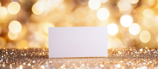 Poster - Blank business card on sparkling golden bokeh background with copy space for branding or promotional text