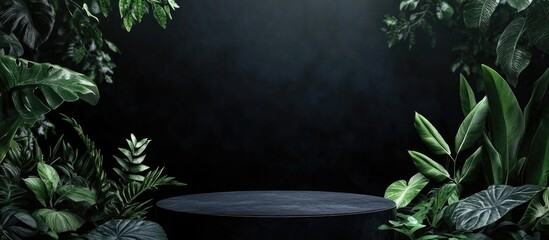 Poster - Dark Studio Background with Lush Green Plants and Round Pedestal for Display Copy Space